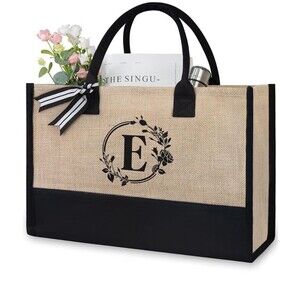 NWT  2Piece Personalized Initial E Jute/Canvas Beach Bag, Monogram Gift Tote Bag